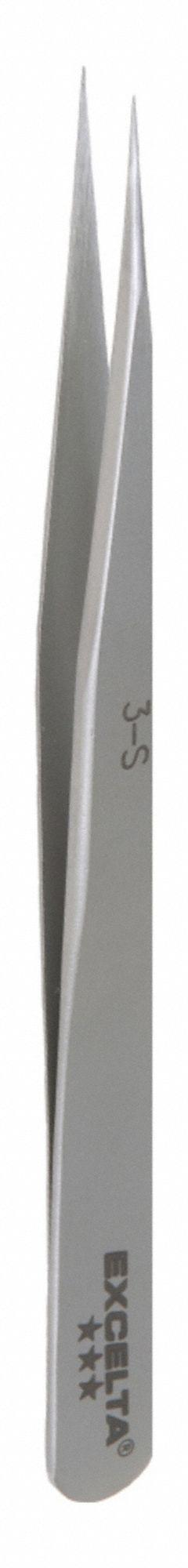 EXCELTA Tweezers: Stainless Steel, Point, Straight Tip, 0.004 in Tip Thick (MPN 3-S). Key specifications — attr1002355: Stainless Steel; attr1002345: EXCELTA; attr1002348: Stainless Steel; attr1002358: Serrated; attr1002361: 3-S; attr1024781: Standard.