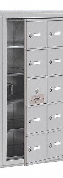 SALSBURY INDUSTRIES Cell Phone Locker: 24 in x 9 1/4 in x 31 in, 5 Tiers, 3 Units Wide, 14 Lockers (MPN 19158-15ASK). Key specifications — Mounting Style: Surface; Brand: SALSBURY INDUSTRIES; Handle Type: None; Locker Color: Aluminum; Locker Material: Aluminum; Frame Assembled: Assembled.
