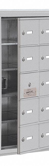 SALSBURY INDUSTRIES Cell Phone Locker: 24 in x 9 1/4 in x 31 in, 5 Tiers, 3 Units Wide, 14 Lockers (MPN 19158-15ASK). Key specifications — Mounting Style: Surface; Brand: SALSBURY INDUSTRIES; Handle Type: None; Locker Color: Aluminum; Locker Material: Aluminum; Frame Assembled: Assembled.