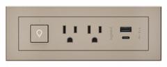 LEGRAND Furniture Power Outlet: 2 Outlets, 10 ft Cord Lg, Nickel, 5-15R, 7.13 in Wd, Type A/Type C (MPN RDSZCNI10). Key specifications — Color: Nickel; Shape: Rectangular; Brand: LEGRAND; USB Connectors Included: Type C; Mounting Style: Recessed.
