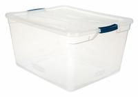 RUBBERMAID Storage Tote: 17.8 gal, 23 1/2 in x 18 5/8 in x 12 1/4 in, Clear Body, Clear Lid, Clear (MPN RMCC710000). Key specifications — attr1188666: Plastic; attr1188671: Rounded; attr1188675: Clear; attr1188676: Clear; attr1188687: RUBBERMAID; attr1188688: Not NSF Certified; attr1188689: Nesting Capable.