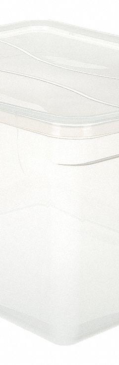 RUBBERMAID Storage Tote: 17.8 gal, 23 1/2 in x 18 5/8 in x 12 1/4 in, Clear Body, Clear Lid, Clear (MPN RMCC710000). Key specifications — attr1188666: Plastic; attr1188671: Rounded; attr1188675: Clear; attr1188676: Clear; attr1188687: RUBBERMAID; attr1188688: Not NSF Certified; attr1188689: Nesting Capable.