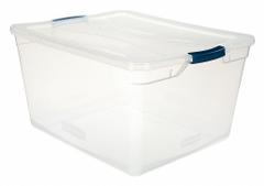 RUBBERMAID Storage Tote: 17.8 gal, 23 1/2 in x 18 5/8 in x 12 1/4 in, Clear Body, Clear Lid, Clear (MPN RMCC710000). Key specifications — attr1188666: Plastic; attr1188671: Rounded; attr1188675: Clear; attr1188676: Clear; attr1188687: RUBBERMAID; attr1188688: Not NSF Certified; attr1188689: Nesting Capable.