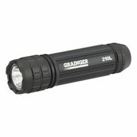 GRAINGER Flashlight: 210 lm, 3 hr Run Time at Max. Brightness, 116 m Max Beam, 1 Light Output, Black (MPN 49XX94). Key specifications — Brand: GRAINGER; Battery Requirements - Broad: Requires 3 AAA.