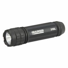 GRAINGER Flashlight: 210 lm, 3 hr Run Time at Max. Brightness, 116 m Max Beam, 1 Light Output, Black (MPN 49XX94). Key specifications — Brand: GRAINGER; Battery Requirements - Broad: Requires 3 AAA.