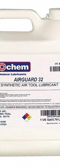PETROCHEM Air Tool Oil: Synthetic, -50°F Min. Op Temp., 450°F Max. Op Temp., NSF H2, Can (MPN AIRGUARD 32-001). Key specifications — attr1321222: Synthetic; attr1321226: 10W; attr1321227: 134; attr1321244: PETROCHEM; attr1321245: Can.