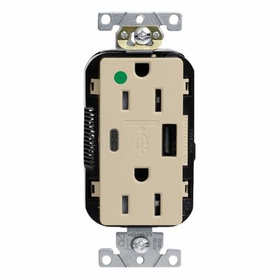 LEVITON Receptacle: Decorator Duplex, 5-20R, 2 USB Ports, USB Type A/C, White, 125V AC - Hospital-Grade Receptacles with USB Chargers