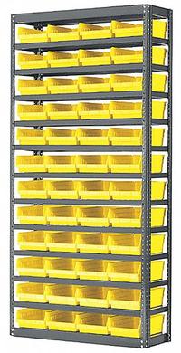 AKRO-MILS Bin Shelving: 36 in x 12 in x 79 in, 1 Sided, 60 Bins, Open, Shelf Bin, Yellow, 13 Shelves (MPN AS1279130Y). Key specifications — Includes Bins: Yes; Bin Material: Polymer; Frame Color: Gray; Bin HxWxD: (60) 4 in x 6-5/8 in x 11-5/8 in; Frame Material: Steel; Bin Color: Yellow; Bin Style: Shelf; Brand: AKRO-MILS.