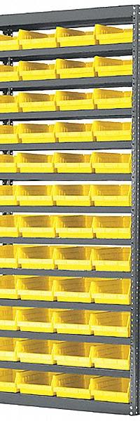 AKRO-MILS Bin Shelving: 36 in x 12 in x 79 in, 1 Sided, 60 Bins, Open, Shelf Bin, Yellow, 13 Shelves (MPN AS1279130Y). Key specifications — Includes Bins: Yes; Bin Material: Polymer; Frame Color: Gray; Bin HxWxD: (60) 4 in x 6-5/8 in x 11-5/8 in; Frame Material: Steel; Bin Color: Yellow; Bin Style: Shelf; Brand: AKRO-MILS.