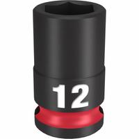 MILWAUKEE Standard Impact Socket: 3/8 in Drive Size, Metric, 12 mm Socket Size, 6-Point, Std (MPN 49-66-6136). Key specifications — attr1215501: MILWAUKEE; attr1215515: Black Phosphate; attr1215518: 12 mm.