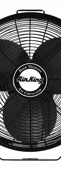 AIR KING Mounted Fan: 18 in Blade Dia, 120V, 1/6 hp Motor HP, Ceiling/Floor/Post/Wall Mount, Bracket (MPN 9318). Key specifications — Brand: AIR KING; Voltage: 120V; Number of Speeds: 3; Fan Mounting Location: Wall; Oscillation: Non-Oscillating; Mounting Type: Bracket.