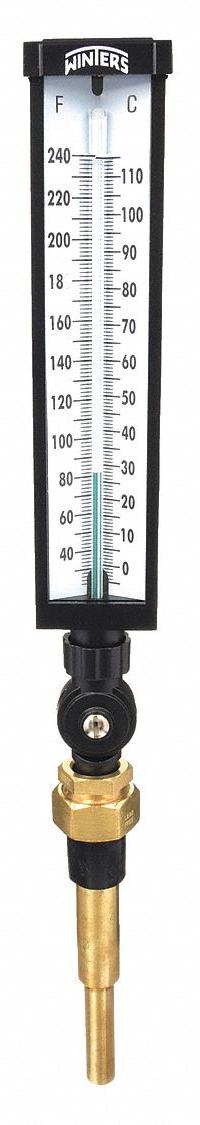 WINTERS Industrial Glass Thermometer: 30°F to 240°F /0°C to 115°C, +/-1% Accuracy, 6 in Stem Lg (MPN TIM100-6ALF.). Key specifications — Thermometer Thread Type: UNF; Accuracy: +/-1%; Brand: WINTERS.