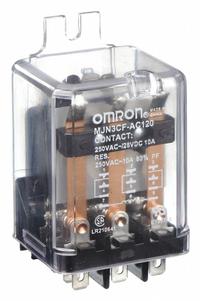 OMRON Flange Mount Relay: Surface (Side Flange) Mounted, 10 A Current Rating, 120V AC, 3PDT (MPN MJN3CF-AC120). Key specifications — Brand: OMRON; Base Type: Octal; Mounting Style: Side Flange; Electrical Connection: Quick-Connect Terminal; Manufacturer Part Number: MJN3CF-AC120; Operating Current: 10 A at 240V AC (Inductive Load); Series: MJN Series.