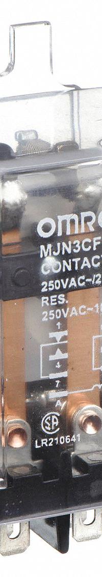 OMRON Flange Mount Relay: Surface (Side Flange) Mounted, 10 A Current Rating, 120V AC, 3PDT (MPN MJN3CF-AC120). Key specifications — Brand: OMRON; Base Type: Octal; Mounting Style: Side Flange; Electrical Connection: Quick-Connect Terminal; Manufacturer Part Number: MJN3CF-AC120; Operating Current: 10 A at 240V AC (Inductive Load); Series: MJN Series.