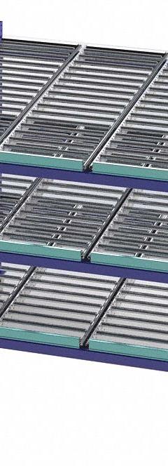 UNEX FLOW CELL Gravity Flow Rack: 48 in x 48 in x 54 in, Tilt, 3 Shelves, Steel (MPN FCM99SR48483). Key specifications — Brand: UNEX FLOW CELL; Decking Material: Steel.