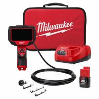 MILWAUKEE Inspection Camera: 480 x 272, 10 ft Shaft Lg, 0.32 in Shaft Dia, 10 mm Camera Dia, Fixed (MPN 2324-21). Key specifications — Brand: MILWAUKEE; Camera Pixel Resolution: 480 x 272; Features: (5) Brightness Levels; Includes: Plumbing Ball; Display Portability: Fixed.