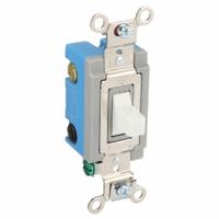 HUBBELL Wall Switch: Toggle Switch, Single Pole/Double Throw, Momentary, White, 120/277V AC, 15 A (MPN HBL1556W). Key specifications — Illuminated: No; Voltage Rating: 120/277V AC.