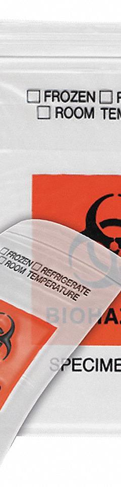 Dual Pouch Specimen Bag: LDPE, Biohazard, 2.99 mil Thick, Clear, 9 in Overall Ht, HCS7004A, 1,000 PK. Key specifications — Brand: HCS; Closure Type: Zipper; Product Type: Dual Pouch Specimen Bag; Manufacturer Part Number: HCS7004A; Color: Clear; Display Sell UOM: PK; Legend: Biohazard.