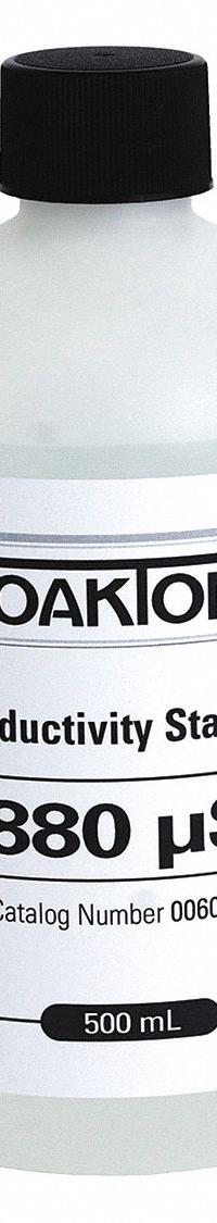 OAKTON Conductivity Calibration Solution: ACS, 500 mL Volume, Liquid, 12,880 microsiemens, Glass, 1 (MPN WD-00606-10). Key specifications — Brand: OAKTON; CAS Number: 71-23-8; Chemical Family Type: Solution; Chemical Grade: ACS; Concentration: 12,880 microsiemens; Container Material: Glass; Container Type: Bottle; Form: Liquid.