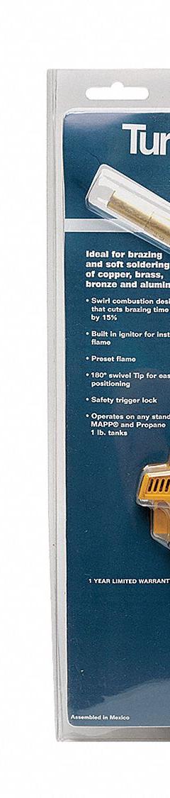TURBOTORCH Hand Torch W/ Cylinder: Swirl Flame, Trigger-Start, 180° Swivel (MPN 0426-4001/333668). Key specifications — Brand: TURBOTORCH; Manufacturer Part Number: 0426-4001/333668; Compatible Fuel Type: Propane; Flame Adjustment: Preset Flame; Tip Type: 180° Swivel.