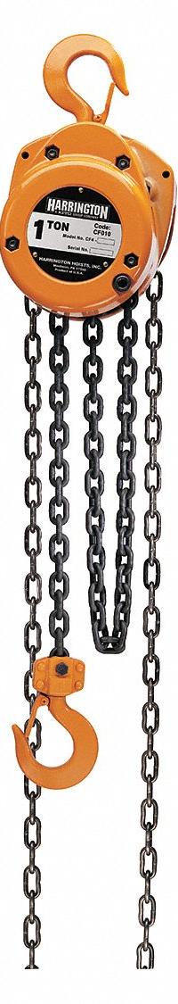 HARRINGTON Manual Chain Hoist: Hook Mounted - No Trolley, 2,000 lb Lifting Capacity, 30 ft Lift Lg (MPN CF010-30). Key specifications — Body Material: Die-Cast Aluminum; Brand: HARRINGTON; Overload Protection Included: No.