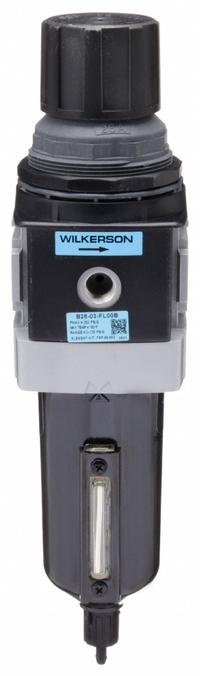 WILKERSON Filter-Regulator: B28 Series, 3/8 in NPT, 200 cfm, 5 micron, 0 psi to 125 psi, Aluminum (MPN B28-03-FL00B). Key specifications — attr109419: WILKERSON; attr109429: Aluminum; attr109463: No; attr109467: Nitrile; attr109468: B28.