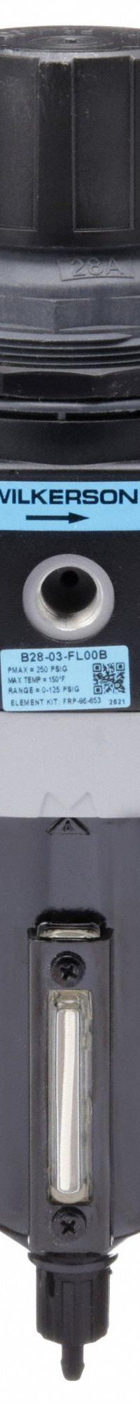 WILKERSON Filter-Regulator: B28 Series, 3/8 in NPT, 200 cfm, 5 micron, 0 psi to 125 psi, Aluminum (MPN B28-03-FL00B). Key specifications — attr109419: WILKERSON; attr109429: Aluminum; attr109463: No; attr109467: Nitrile; attr109468: B28.