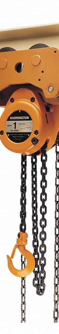HARRINGTON Manual Chain Hoist: Push Trolley, 4,000 lb Lifting Capacity, 10 ft Lift Lg (MPN NTH020-10). Key specifications — Brand: HARRINGTON; Lifting Hook Type: Hook with Safety Latch.