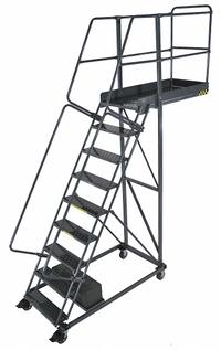 BALLYMORE Rolling Cantilever Ladder: 7.5 ft Platform Ht, Unassembled, Locking Casters, Steel (MPN CL-9-14-P). Key specifications — attr1051489: Gray; attr1051483: BALLYMORE; attr1051499: Double Handrails; attr1051504: Steel.