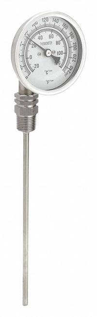 APPROVED VENDOR Dial Thermometer: 0°F to 250°F /-20°C to 120°C, 9 in Stem Lg, 3 in Dial Dia (MPN 1NGB5). Key specifications — Accuracy: ±1 % @ 41 to 200 °F, ±1.5 % Otherwise; Brand: APPROVED VENDOR.