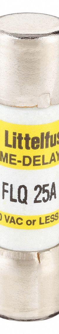 LITTELFUSE Fuse: FLQ Series, Midget, Time-Delay, 25 A, 500 V AC, 300 V DC, 13/32 in x 1 1/2 in (MPN FLQ025). Key specifications — Series: FLQ; Brand: LITTELFUSE.