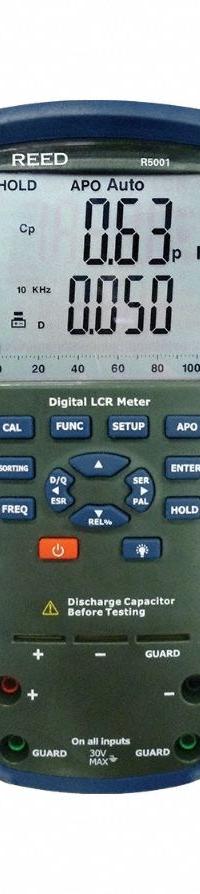 REED INSTRUMENTS LCR Meter: 2,000 pF to 2,000 uF, 20 ohm to 200 megaohm, 2,000 uH to 2,000 H (MPN R5001-NIST). Key specifications — attr1387597: REED INSTRUMENTS; attr1387618: LCR Meter; attr1387595: R5001-NIST.