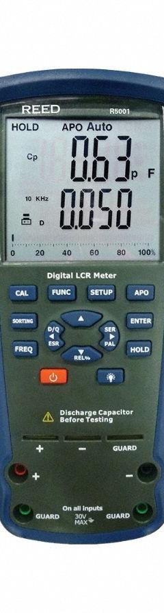 REED INSTRUMENTS LCR Meter: 2,000 pF to 2,000 uF, 20 ohm to 200 megaohm, 2,000 uH to 2,000 H (MPN R5001-NIST). Key specifications — attr1387597: REED INSTRUMENTS; attr1387618: LCR Meter; attr1387595: R5001-NIST.