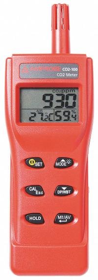 AMPROBE Carbon Dioxide Meter: Calculates Averages/Custom Calibration/Data Logging, Carbon Dioxide (MPN CO2-100). Key specifications — Manufacturer Part Number: CO2-100; Brand: AMPROBE; Calibration Certificate Type: Available Separately; Digital Display Screen Type: LCD with Backlight; Features: Manually Calibratable; Includes: Carrying Case; PPM Accuracy: ±5% of Reading (±30ppm, 0 to 5,000ppm (Carbon Dioxide)) Others Rang Accuracy are not Specified; Power Source: Battery.