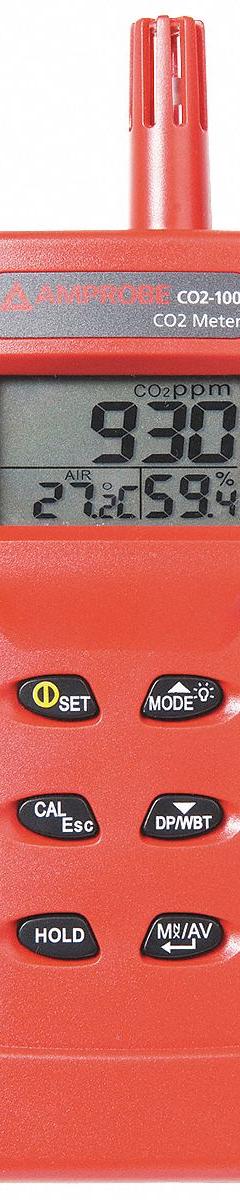 AMPROBE Carbon Dioxide Meter: Calculates Averages/Custom Calibration/Data Logging, Carbon Dioxide (MPN CO2-100). Key specifications — Manufacturer Part Number: CO2-100; Brand: AMPROBE; Calibration Certificate Type: Available Separately; Digital Display Screen Type: LCD with Backlight; Features: Manually Calibratable; Includes: Carrying Case; PPM Accuracy: ±5% of Reading (±30ppm, 0 to 5,000ppm (Carbon Dioxide)) Others Rang Accuracy are not Specified; Power Source: Battery.