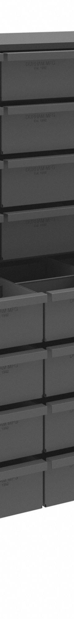 DURHAM MFG Drawer Bin Cabinet: 34 in x 12 1/4 in x 33 3/4 in, 48 Drawers, Stackable, Steel, Gray (MPN 017-95). Key specifications — Cabinet Material: Steel; Includes Dividers: Yes; Cabinet Finish: Powder Coated; Drawer Color: Gray; Cabinet Style: Drawer; Assembled: Assembled; Drawer Inside WxDxH: (48) 5-7/16 in x 11-7/8 in x 3-3/16 in; Cabinet Color: Gray.