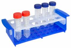 Tube Rack: 4 1/4 in Overall Wd, 3 in Overall Ht, 12 1/4 in Overall Lg, Polypropylene, Blue/Natural (MPN 120817). Key specifications — Material: Polypropylene; Mounting Location: Benchtop; Color: Blue/Natural; Product Type: Test Tube Rack; Total Holding Capacity: (6) 30 mm Wells; Brand: HEATHROW SCIENTIFIC.