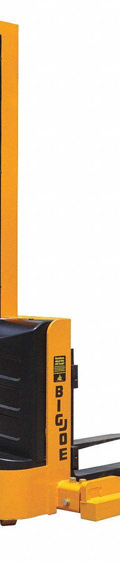 BIG JOE Stacker: 2,200 lb, 62 in Max Lifting Ht, Adj Fork, 42 in L x 4 in W Fork, Sealed Lead Acid (MPN S22-62). Key specifications — Brand: BIG JOE; Lift Mechanism: Hydraulic; Width Across Forks: 29-1/2 in.
