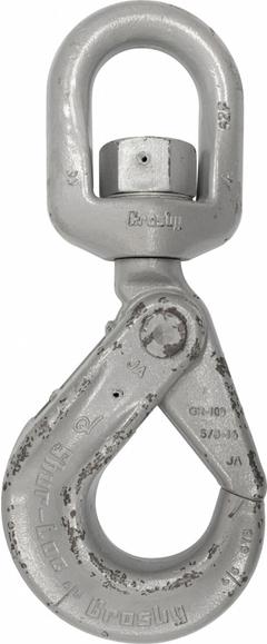 CROSBY Self-Locking Hook: 34,160 lb Working Load Limit, 100 Hook Grade, Alloy Steel, Swivel, Plain (MPN 1004358). Key specifications — Color: Silver; Brand: CROSBY; Visual Indicator Markings: Deformation & Max Angle.