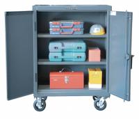 STRONG HOLD Storage Cabinet: Casters, 24 in x 20 in x 44 in, Swing, Padlock Hasp, 2 Shelves, Adj (MPN 23-202CA). Key specifications — Frame Assembled: Assembled; Cabinet Finish: Baked Enamel; Cabinet Material: Steel; Base Type: Casters; Cabinet Color: Dark Gray; Shelf Adjustability: Adjustable; Cabinet Storage Components: Shelves; Brand: STRONG HOLD.