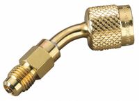 YELLOW JACKET Adapter: 2 1/2 in Lg, 45° Angle, Input 5/16 in Female QC, Output 1/4 in Male Flare (MPN 19173). Key specifications — Product Type: Adapter; Brand: YELLOW JACKET; Manufacturer Part Number: 19173; Material: Brass.
