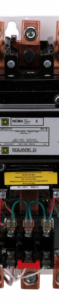 SQUARE D Magnetic Motor Starter: Non-Reversing, 3 Poles, NEMA Size 5, 270 A, 120V AC Coil (MPN 8536SGO1V02S). Key specifications — Brand: SQUARE D; Coil Voltage: 110/120V AC; Phase: Three; Operator: None; Terminal Connection Type: Screw Clamp Terminals; Includes Pilot Light: No; Operator Controls: None; Auxiliary Contacts Included: No Auxiliary Contacts Included.