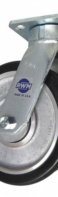 RWM Plate Caster: Swivel, Polyurethane, 8 in Wheel Dia, 2 in Wheel Wd, 10 1/8 in Mounting Ht, Ball (MPN 65-SWE-0820-S-FT80A). Key specifications — Wheel/Tread Color: Red; Brand: RWM; Roll Up: Swivel.