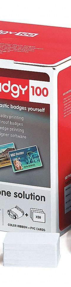 BADGY ID Card Printer: Single-Sided Printer, Supports CR80 Card Format, 30 mil Card Thick (MPN B12U0000RS). Key specifications — attr193659: BADGY; attr1083574: CR80; attr1083579: USB; attr1083581: Barcode Printing Included; attr1083587: Color.
