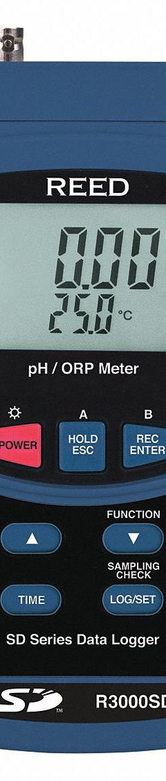 REED INSTRUMENTS Handheld Multiparameter Meter: ORP/pH/Temp, Electrodes Sold Separately, Batteries (MPN R3000SD). Key specifications — Test Parameters: Temperature; Manufacturer Part Number: R3000SD; Configured Test Parameters: Temperature; Measurement Components Included: Electrodes Sold Separately; Other Accessories Included: Batteries; Reagents and Solutions Included: Reagents Sold Separately.