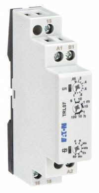 EATON Multi-Function Time Delay Relay: DIN-Rail Mounted, 24 to 240V AC/DC, 8 A, 8 Pins/Terminals (MPN TRL07). Key specifications — Delay Function: Flasher Pause First; Input Voltage: 24 to 240V AC/DC; Brand: EATON.