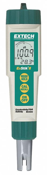 EXTECH Pocket Multiparameter Meter: Conductivity/Salinity/Temp/Total Dissolved Solids (MPN EC400). Key specifications — Test Parameters: Salinity; Manufacturer Part Number: EC400; Configured Test Parameters: Conductivity; Measurement Components Included: Conductivity/TDS/Temperature Meter; Other Accessories Included: Conductivity Cell; Reagents and Solutions Included: Reagents Sold Separately.