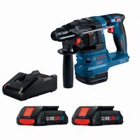 BOSCH Rotary Hammer Kit: L-Shape, 18V DC, SDS-Plus, 3/4 in max, (2) 4.0 Ah, 1.4 ft-lb, 4,675 bpm (MPN GBH18V-22K24). Key specifications — attr113858: 18V DC; attr113796: BOSCH; attr113808: 0 bpm to 4,675 bpm; attr113803: Yes; attr113838: Hammer and Rotate; attr113809: Yes; attr113815: (1) Bare Tool; attr113804: (2) 4.0 Ah.