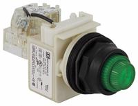 SCHNEIDER ELECTRIC Pilot Light: 30 mm Panel Mounting Size, Green, LED, 9001SK Series (MPN 9001SKT38LGG31). Key specifications — Series: 9001SK; Brand: SCHNEIDER; Includes Push-To-Test: Push-To-Test Included.