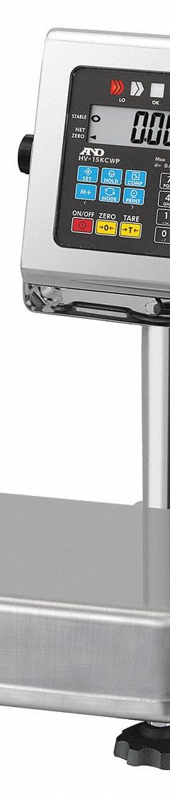 A&D WEIGHING Food Scale: 9 7/8 in Weighing Surface Dp, 9 7/8 in Weighing Surface Wd, LCD, HV-15KCWP. Key specifications — Connection Ports: RS-232; Readability: 0.005 kg/0.01 lb/0.2 oz; Brand: A&D WEIGHING; IP Rating: IP65.